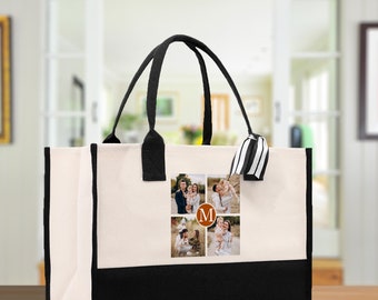 Custom Family Photo Collage and Initial Cotton Canvas Tote Bag Personalized Photo Tote Parent Gift Mothers Day Gift Picture Image Tote