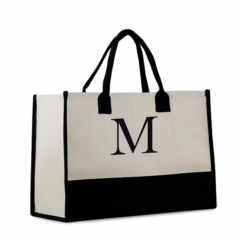 Personalized Monogram Embroidery Cotton Canvas Beach Tote Bag Initial Tote Bridesmaid Gift Tote Custom Beach Bag Gift for Her A-Z Black image 4