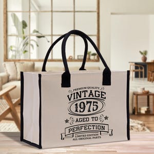 Vintage 1975 Aged To Perfection 50 Age Birthday Cotton Canvas Tote Bag 50th Birthday Gift For Women 50th Birthday Celebration Party Gift