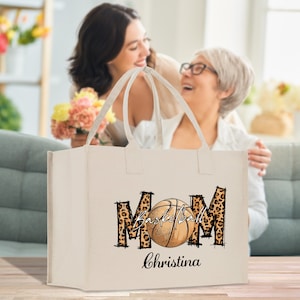 Personalisierte Leoparden-Mama-Sport-Baumwoll-Canvas-Einkaufstasche, individuelles Geschenk für Fußball-Mama, Tennis-Mama, Baseball-Mama, Tennis-Mama, Fußball-Mama