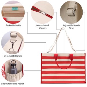 Striped Canvas Beach Tote Bag – XL, Zippered with Inner Pocket image 7