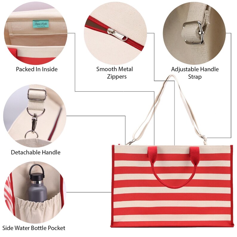 Striped Canvas Beach Tote Bag – XL, Zippered with Inner Pocket image 7
