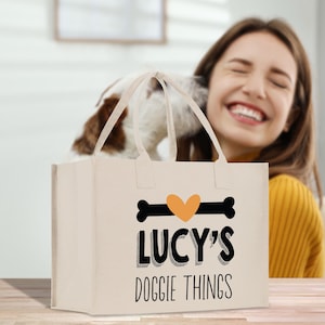Doggie Things Personalized Dog Name Cotton Canvas Tote Bag Custom Name Puppy Owner Tote Bag Animal Lover Gift Bag Dog Mom Gift (DMT1008)
