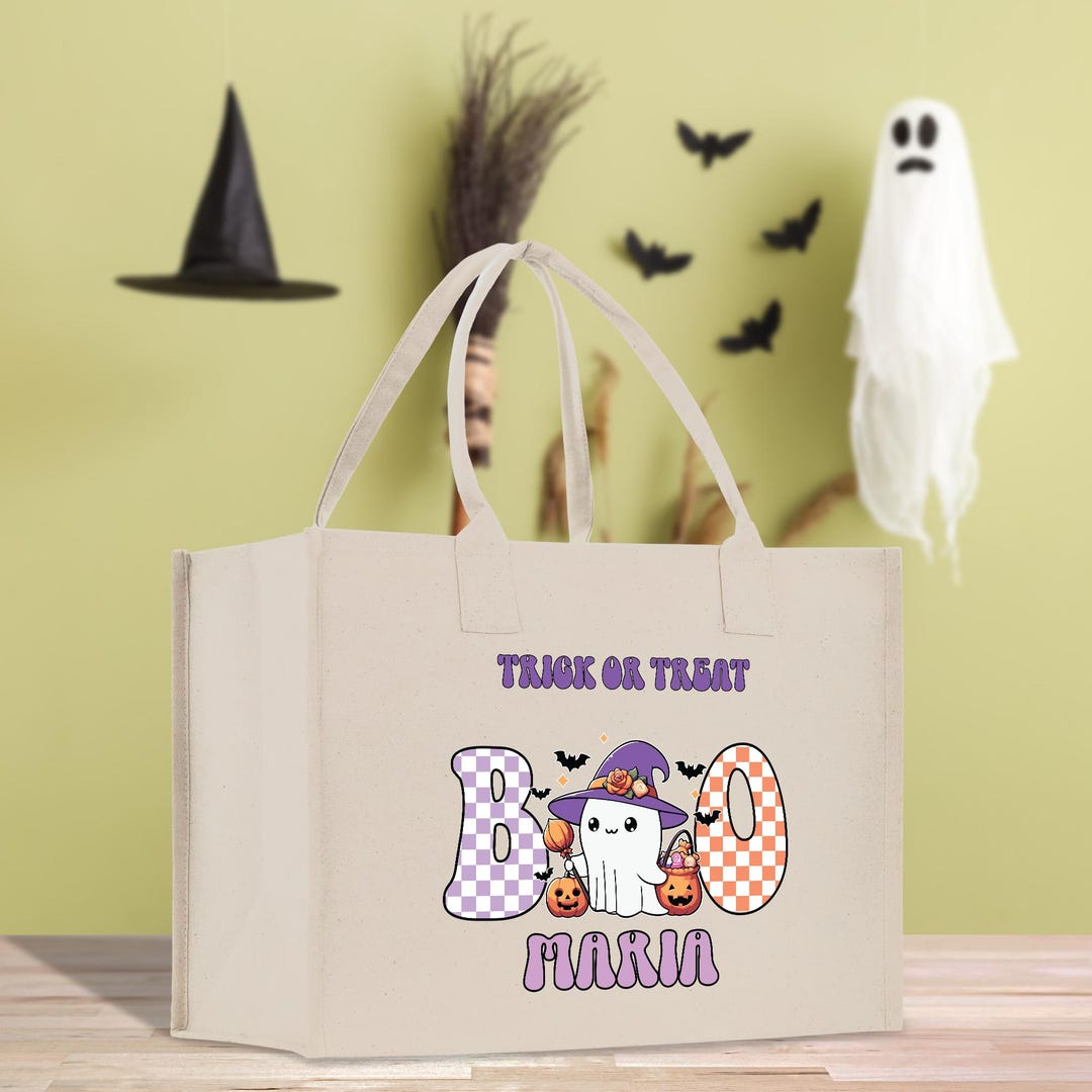 Personalized Halloween Cotton Canvas Tote Bag Custom Trick or Treat Bag ...