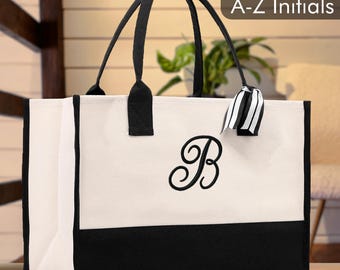 Personalized Initial Canvas Beach Tote Bag – Monogrammed Bridesmaid Gift