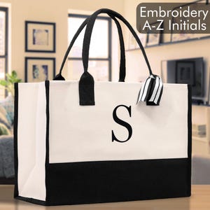 Personalized Monogram Canvas Beach Tote Bag – Embroidered Initial Gift, Embroidery Cotton, Bridesmaid, Custom, Her A-Z - Black