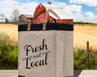 Farmers Market Jute Tote Bag: Fresh & Local Design, Leather Handles (FT1011)