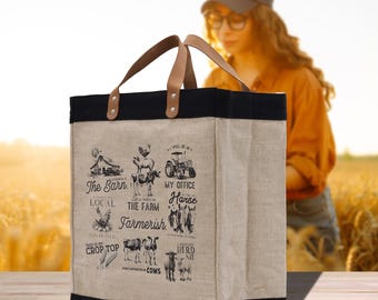 Farmers Market Jute Tote Bag with Leather Handles (FT1015)