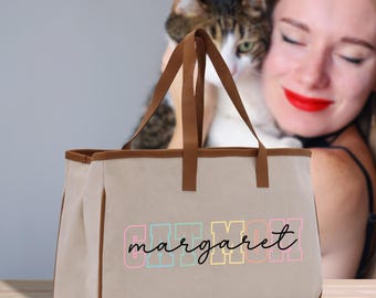 Gepersonaliseerde draagtas kattenmoeder canvas, gepersonaliseerd kattenliefhebber cadeau (CATM1020)