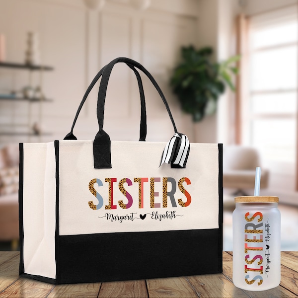Leopard Colorful Sisters Custom Names Cotton Canvas Tote Bag Birthday Gift For Sister Bag with Frosted Can Glass Set Option