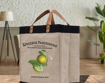 Lemon Market Jute Tote Bag, Vintage French Farmhouse Style (VTB1003)