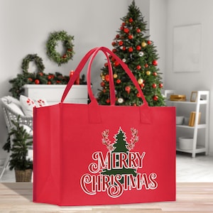 Merry Christmas Cotton Canvas Tote Bag Christmas Present Tote Merry Christmas Themed Bag Xmas Party Bag Merry Christmas Tree Bag (CT1002)