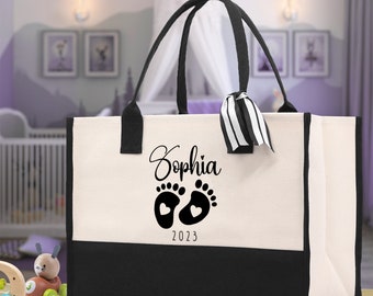 Baby Feet Personalized Name and Date Tote Bag for New Mom Pregnant Mom Shower Gift Baby Footprints Labor & Delivery Chick Tote Carrying Bag