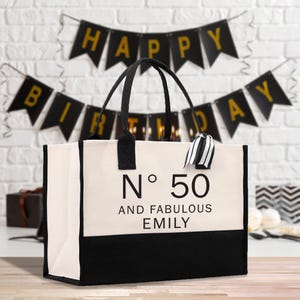 50 Fifty and Fabulous 50th Age Birthday Cotton Canvas Tote Bag 50th Birthday Gift For Women 50th Birthday Celebration Party Gift (BDT1036)