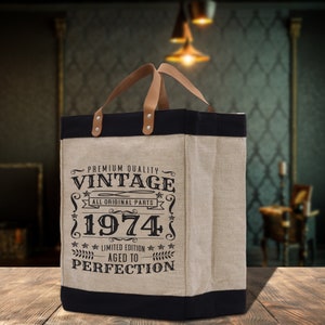 Vintage 1974 Aged To Perfection 50 Age Birthday Cotton Canvas Tote Bag 50th Birthday Gift For Women 50th Birthday Celebration Party Gift