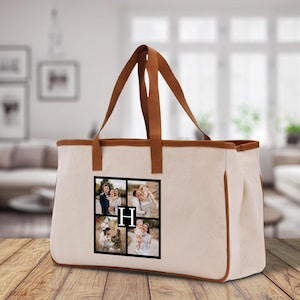 Custom Family Photo Collage and Initial Cotton Canvas Tote Bag Personalized Photo Tote Parent Gift Mothers Day Gift Picture Image Tote