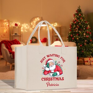 Personalized Name Christmas Cotton Canvas Large Tote Bag Custom Merry Christmas Gift Bag Xmas Party Bag Xmas Eve Gift Holiday Gift (CT1047)