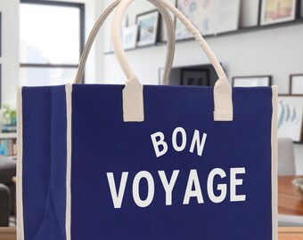 Bon Voyage Cotton Canvas Chic Beach Tote Bag Multipurpose