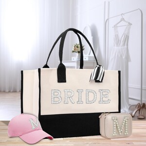 Pearl Letters Bride Cotton Canvas Tote Bag Bridal Shower Gift Honeymoon Gift Wedding Gift Bridesmaid Gift with Jewelry Box and Hat Option