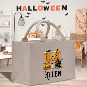 Halloween Trick or Treat Tote Bag Halloween Bag for Kids Halloween Gift Halloween Candy Bag Halloween Doodles Cute Canvas Tote Bag (HW1034)