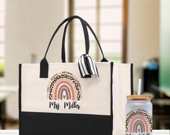 Personalized Teacher Tote Bag, Rainbow Design, Teacher Gift (TCT1009), Cotton Canvas, Teachers, Life Tote Custom, Appreciation, Name