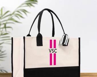 Monogrammed Canvas Tote Bag: Striped Initials, Custom Beach Bag (HST1003)