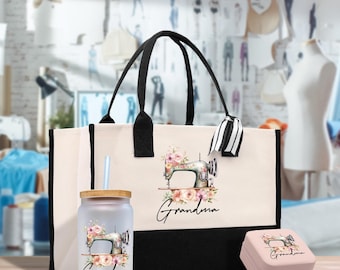 Personalized Sewing Machine Cotton Canvas Tote Bag Custom Quilting Tote Gift for Sewing Lover Gift for Grandma Knitting Tote Bag