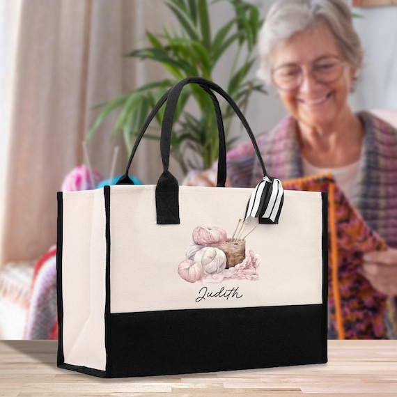 Personalized Knitting Tote Bag: Cotton Canvas Yarn Project Bag (KTB1006), Custom Grandma Kitting, Custom Crochet, Mother's Day Gift Knitting