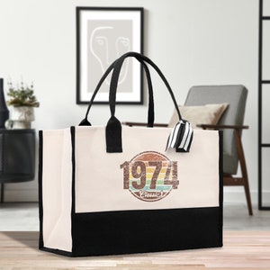 Vintage 1974 Aged To Perfection 50 Age Birthday Cotton Canvas Tote Bag 50th Birthday Gift For Women 50th Birthday Celebration Party Gift