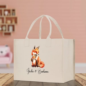 Fox Mom And Baby Name Custom Cotton Canvas Tote Bag Custom Pet Lover Gift Pet Portrait Bag Personalized Pet Owner Gift Tote Bag