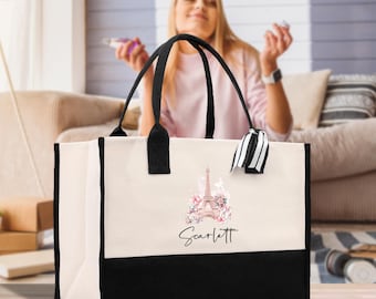 Personalized Eiffel Tower Canvas Tote Bag, Chic French Style (PRFT1007)