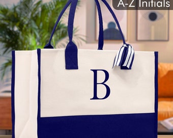 Personalized Monogram Embroidery Cotton Canvas Beach Tote Bag Initial Tote Bridesmaid Gift Tote Custom Beach Bag Gift for Her A-Z - Navy