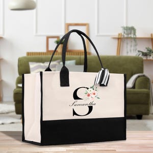 Initial and Name Cotton Canvas Tote Bag Personalized Bridesmaid Maid of Honor Wedding Gift (PTB1030)