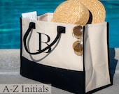 Beach Tote Bags for Women Personalize, Embroidery Initial Monogram Large Bag, 100 Cotton Canvas, Bridesmaid Bachelorette Gift A-Z