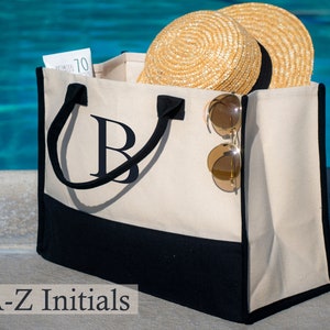 Personalized Cotton Canvas Beach Tote Bag Monogram Tote Bag Initial Canvas Tote Bridesmaid Gift Tote Custom Beach Bag Gift for Her A-Z