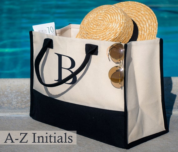 Personalized Cotton Canvas Beach Tote Bag Monogram Tote Bag Initial Canvas  Tote Bridesmaid Gift Tote Custom Beach Bag Gift for Her A-Z