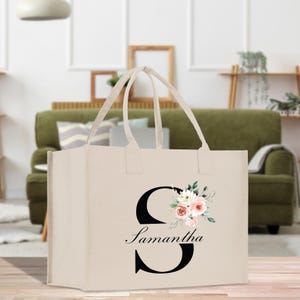 Initial and Name Cotton Canvas Tote Bag Personalized Bridesmaid Maid of Honor Wedding Gift (PTB1032)