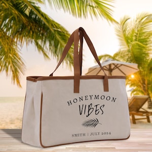 Honeymoon Vibes Personalized Canvas Tote Bag Custom Newlyweds Tote Bag Honeymoon Gift Honeymoon Weekender Bag Engagement Gift (BLTB1006)