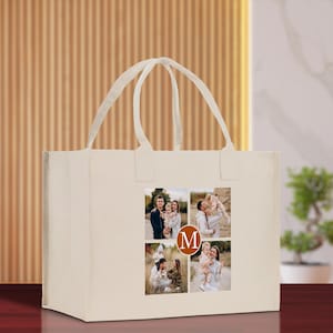 Custom Family Photo Collage and Initial Cotton Canvas Tote Bag Personalized Photo Tote Parent Gift Mothers Day Gift Picture Image Tote