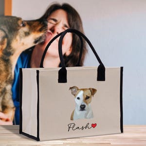 Personalized Dog Mom Cotton Canvas Tote Bag Custom Name Dog Portrait Puppy Owner Tote Bag Pet Memorial Gift Animal Lover Gift Bag (DTB1005)