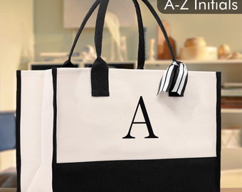 Personalized Monogram Embroidery Cotton Canvas Beach Tote Bag Initial Tote Bridesmaid Gift Tote Custom Beach Bag Gift for Her A-Z - Black