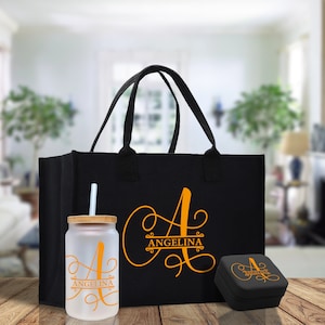 Initiale et nom personnalisés en deux parties Sac fourre-tout en toile de coton personnalisé avec initiales personnalisées, cadeau d'anniversaire, cadeau de mariage, boîte à bijoux, ensemble de verres en boîte givrée