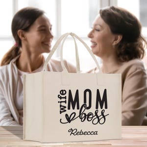 Custom Name Wife Mom Boss Cotton Canvas Tote Bag Mom Stuff Bag Mommy Bag New Mom Gift Best Mom Ever Bag Boy Girl Mama Tote (MTRB1013)