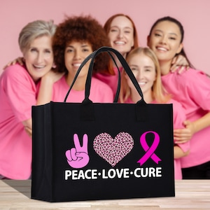 Peace Love Cure Cotton Canvas Tote Bag Cancer Support Group Tote Bag For Friends Motivational Gift Bag Cancer Awareness Tote Bag (CAT1002)