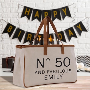 50 Fifty and Fabulous 50th Age Birthday Cotton Canvas Tote Bag 50th Birthday Gift For Women 50th Birthday Celebration Party Gift (BDT1037)