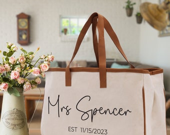 Mrs. Last Name Est Year Tote Bag Personalized Date Wedding Tote Bridal Shower Gift Honeymoon Gift Customized Wedding Gift Bridesmaid Gift