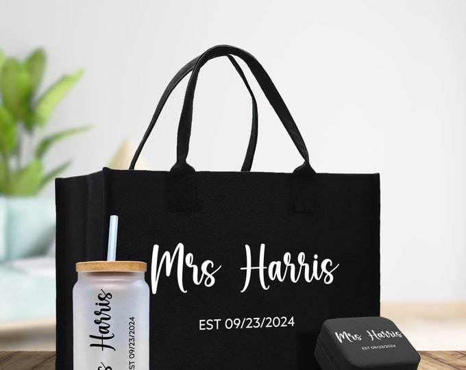 Mrs. Last Name Est Year Tote Bag Personalized Date Wedding Tote Bridal Shower Gift Honeymoon Gift Customized Wedding Gift Bridesmaid Gift