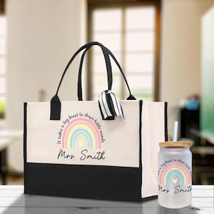 Sac fourre-tout personnalisé pour enseignants, motif arc-en-ciel, cadeau personnalisé avec nom, toile de coton, vie d'enseignant, remerciements