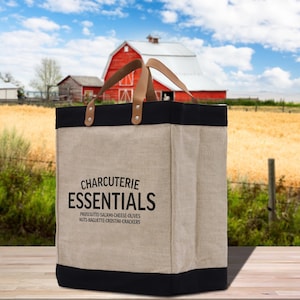 Charcuterie Essentials Farmers Market Jute Canvas Tote Funny Quote Jute Bag Shopping Bag Burlap Bag Farmhouse Bag Grocery Bag (FT1009)