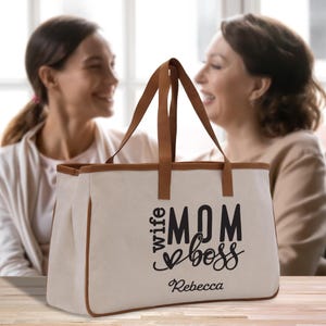Custom Name Wife Mom Boss Cotton Canvas Tote Bag Mom Stuff Bag Mommy Bag New Mom Gift Best Mom Ever Bag Boy Girl Mama Tote (MTRB1012)